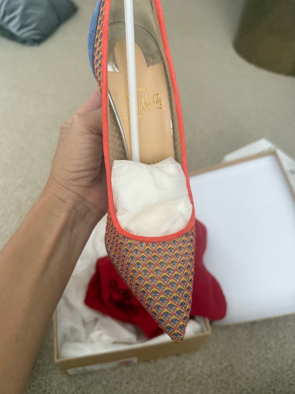 Christian Louboutin Multicolor Woven Pointed Pump with Coral Trim